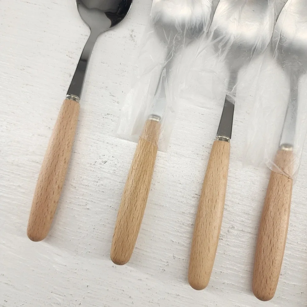 Wood Handle Flatware Set 12‎ Piece Stainless Steel Silver Modern Kitchen